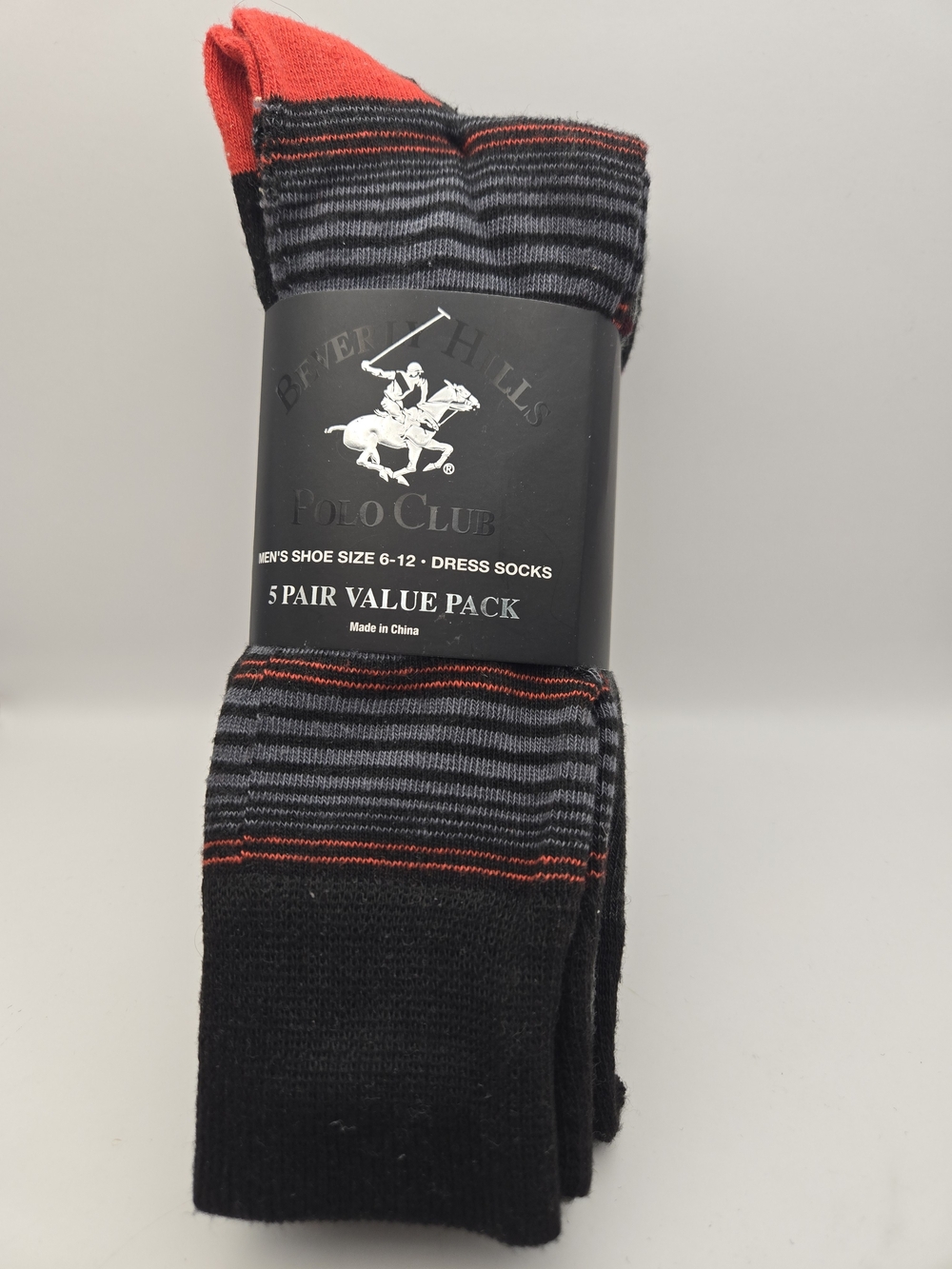 Beverly Hills Polo Club Black, Gray & Red Striped Dress Socks - 5 Pair Pack